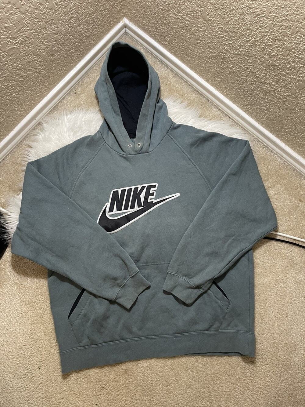 Vintage Y2K Nike Big Swoosh Logo Embroidered Hoodie Green Center Check Large